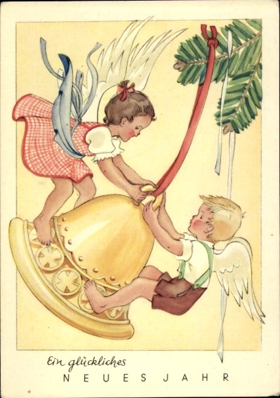 Greeting card New Year, angel, bell