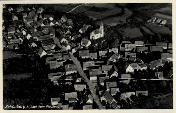 Postcard Schönberg in Saxony, aerial photograph, view of houses, church, village street