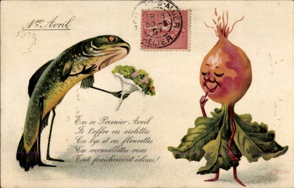 Postcard Congratulations April 1st, Humanized Vegetables and Fish, Gift