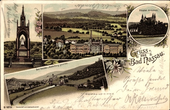 Chromo-Litho Bad Nassau an der Lahn, Arnstein Monastery, panorama, monument