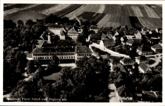 Postcard Wallerstein in Swabia, aerial view of Princely Castle, landscape,