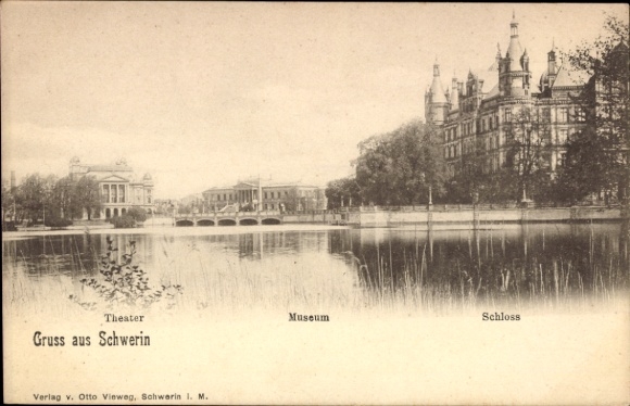 Ak Schwerin in Mecklenburg, Theater, Museum, Schloss, Gruss aus  Verlag v. Otto Vieweg
