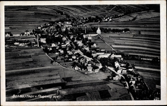 Postcard Böhlen in Thuringia, aerial photograph of the site and surroundings, church, fields