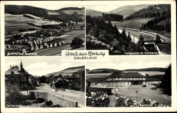 Postcard Bestwig im Sauerland, train station, dam Volmetal