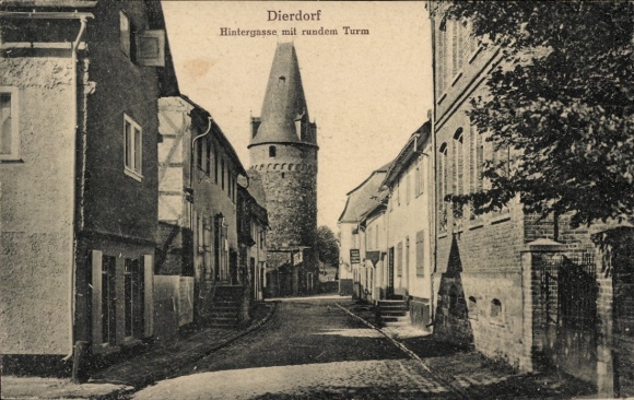 Postcard Dierdorf in the Westerwald, back alley with round tower, architecture