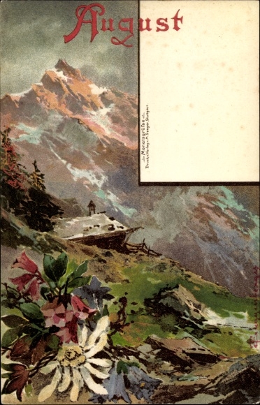 Artist Chromo-Litho Guggenberger, month of August, mountain landscape, mountain blossoms
