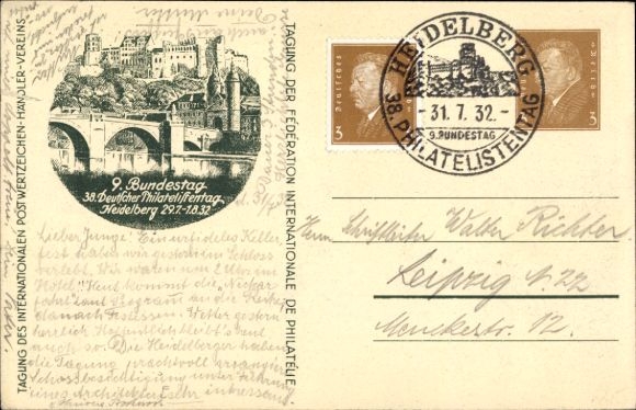 Postwaardestuk Ak GS DR PP 106 C13 02, 38e Filatelistendag Heidelberg 1932