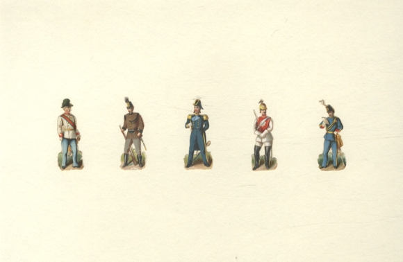 5 wafers soldiers in different uniforms, each approx. 4.5 x 2 cm