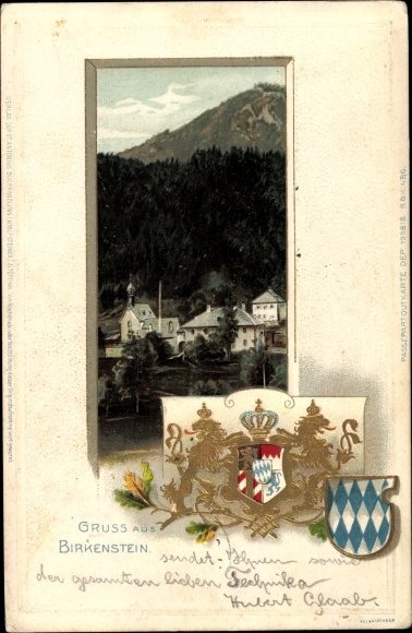Embossed Coat of Arms Chromo-Litho Birkenstein Fischbachau in Upper Bavaria, village with a view of the landscape