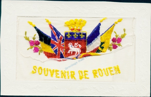 Fabric Coat Of Arms Postcard Rouen Seine Maritime, Flowers, Belgium, UK