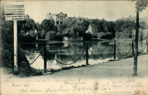 Postcard Bad Elmen Salzelmen Schönebeck on the Elbe, swan pond, buildings, nature,