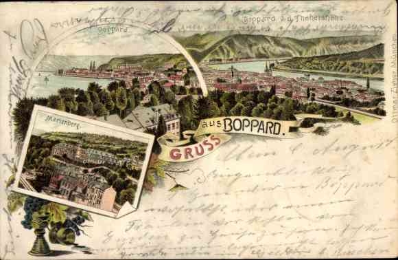 Litho Boppard am Rhein, Marienberg, Boppard, Panorama von der Thonetshöhe