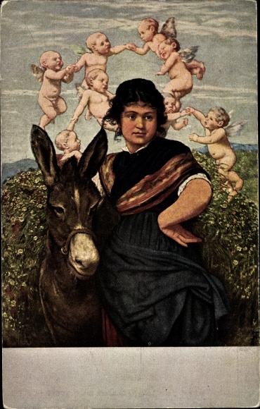 Artist PC Thoma, Hans, on the way home, woman with donkey, angel