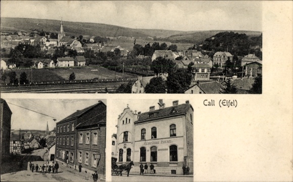 Postcard Kall in the Eifel, general view, street section, post office