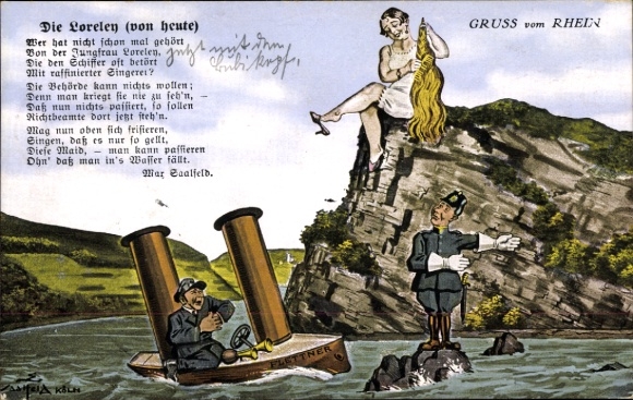 Postcard Sankt Goarshausen am Rhein, Loreley, poem The Loreley of today, Max Saalfeld