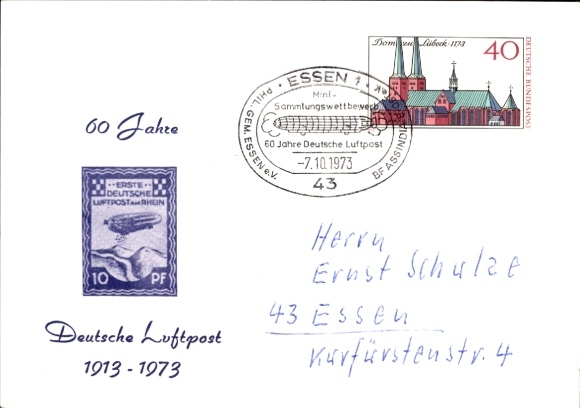 Postcard Essen in the Ruhr area, 60 years of German airmail, 1913-1973