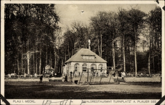 Postcard Plau am See Mecklenburg, Waldrestaurant Turnplatz, buildings, trees, Plauer See
