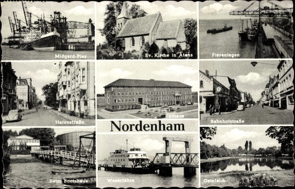 Ak Nordenham Oldenburger Land, Weserfähre, Midgardpier, Ev. Kirche in Atens, Bahnhofstraße, Rathaus