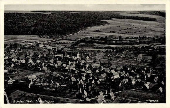 Postcard Munzingen Freiburg im Breisgau, aerial view of the village, numerous roofs, landscape in the background