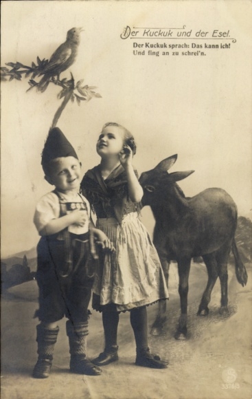 Ak Kinder in Tracht mit Esel und Kuckuk