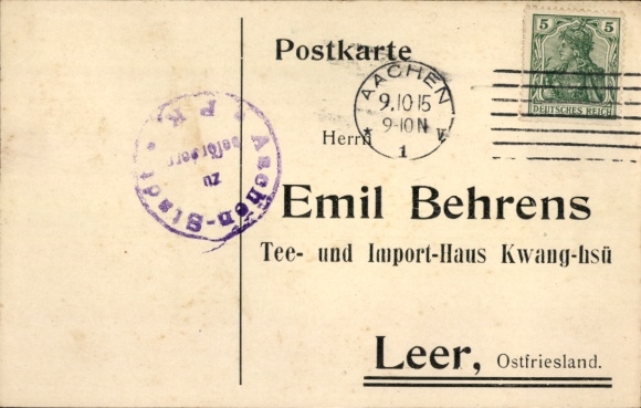 Postcard Leer in East Frisia, Emil Behrens, Tea and Import House Kwang-hsu
