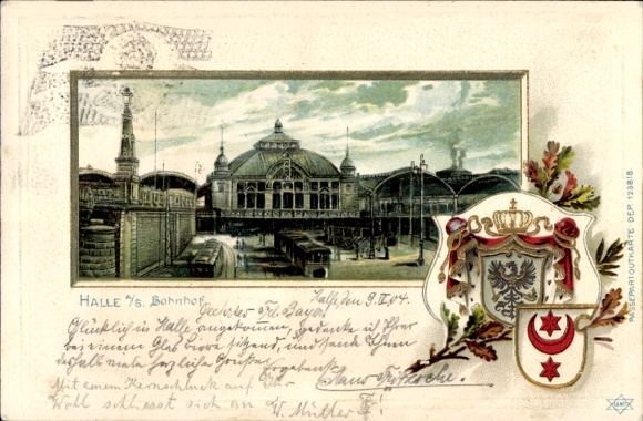 Embossed coat of arms passepartout litho Halle an der Saale, train station