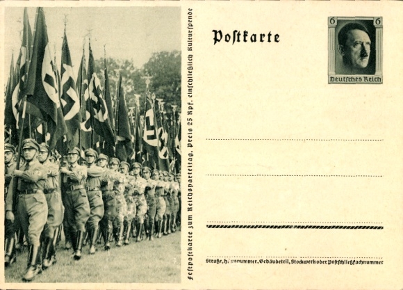 Postal stationery Postcard Nuremberg, Reich Party Rally of the NSDAP 1937, SA marching