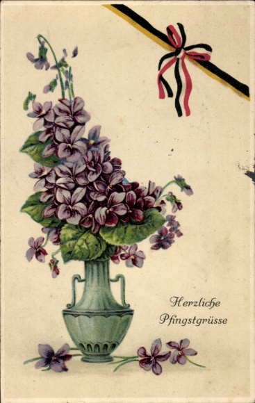Postcard congratulations Pentecost, violets in the flower vase, patriotism