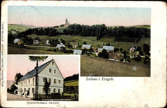 Illuminated window Postcard Zethau Mulda in the Ore Mountains, commercial building, view of the town