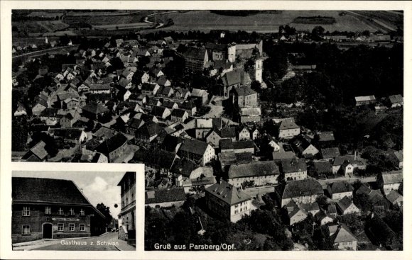 Postcard Parsberg in the Upper Palatinate, aerial photograph, Gasthaus zum Schwan