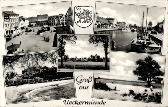 KP Ueckermünde na Pomorzu Zachodnim, domy piętrowe, port z łodziami, plaża, krajobraz, poczta...