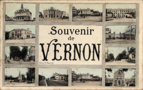 Postcard Vernon Eure, train station, monument, statue, town hall