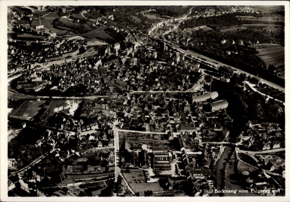 Postcard Backnang in Württemberg, aerial view of houses, landscape in the background