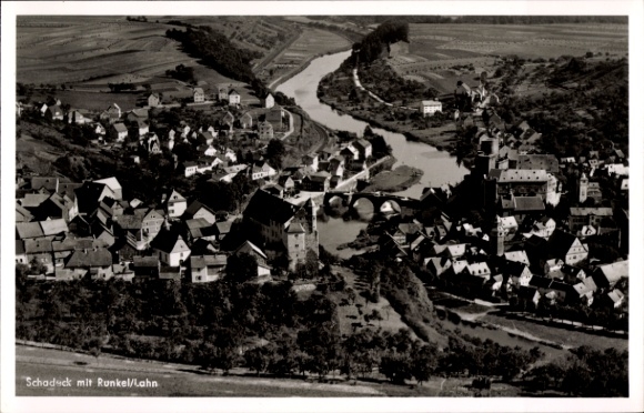 Postcard Schadeck Runkel in the district of Limburg Weilburg, aerial photograph