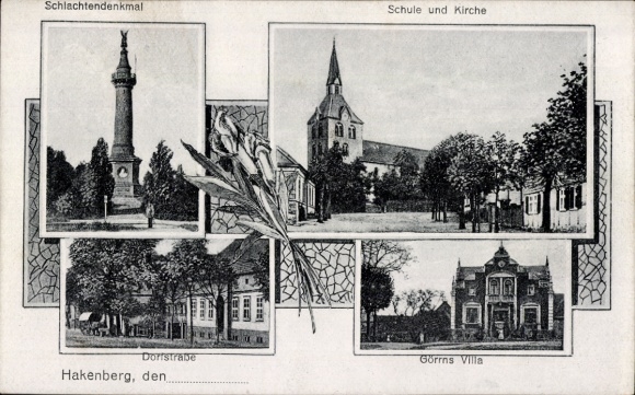 Postcard Hakenberg Fehrbellin Brandenburg, battle memorial, school, church, village street, Görrns Villa