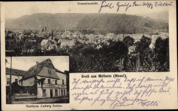 Ak Mülheim an der Mosel, Gesamtansicht, Gasthaus Ludwig Bottler