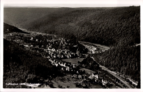Postcard Unterreichenbach in the Black Forest, climatic health resort aerial view, wooded hills, view of houses