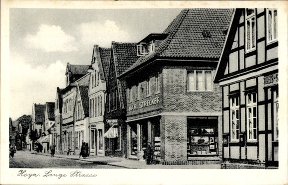 Postcard Hoya on the Weser, Lange Straße, Karl Strecker store