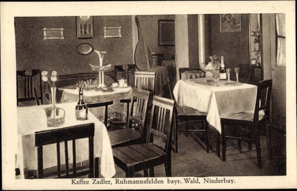 Postcard Ruhmannsfelden in the Bavarian Forest, Café Zadler, interior view, lute