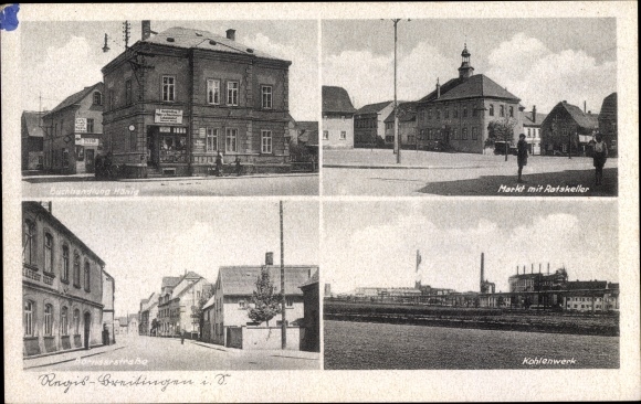 Postcard Regis Breitingen Saxony, coal plant, market, Ratskeller, bookstore