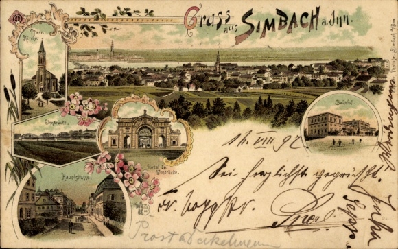 Chromo-Litho Simbach am Inn Lower Bavaria, panorama, portal of the Inn bridge, train station, parish church, main street