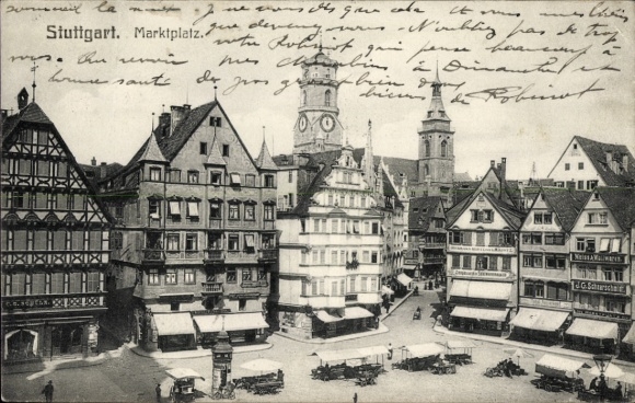 Postcard Stuttgart in Württemberg, Market Square, Schaarschmidt Wool Goods, Kurtz Shop