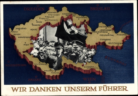 Postcard We thank our leader, Sudetenland, Bohemia, Moravia, Hitler
