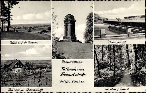 Ak dacht in Nedersaksen, zwembad, Falkenheim-vriendschap, Bismarck-toren, Asseburg-ruïnes
