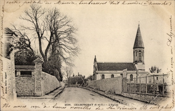 Ak Champrosay Essonne, Dorfstraße, Kirche, Bäume,  