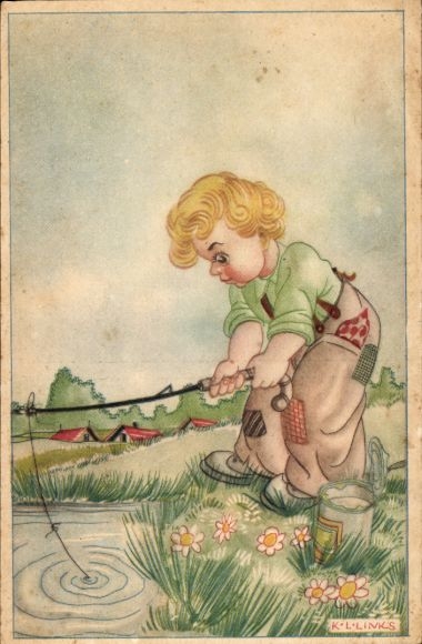 Künstler Ak Links, Karel, L., Kleiner Junge angelt am See