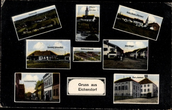Ak Eichendorf in Niederbayern, Pfarrkirche, Post, Rathaus, Bahnhof, Elektrizitätswerk