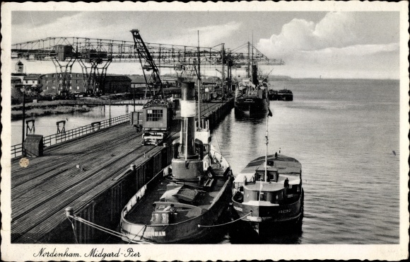 Postcard Nordenham in Lower Saxony, Midgard Pier, cranes, steamers