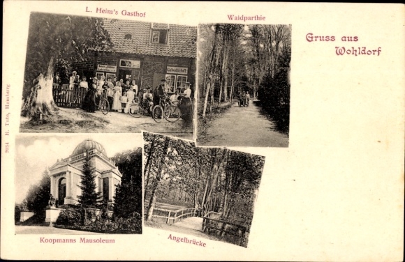 Ansichtkaart Hamburg Wandsbek Wohldorf Ohlstedt, Gasthof L. Heim, Koopmann's mausoleum, vissersbrug