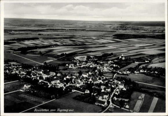 Postcard Baustetten Laupheim in Upper Swabia, aerial view of wide fields, clouds in the sky